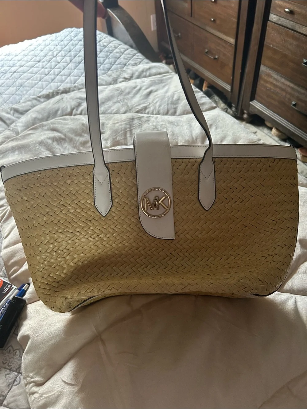 Michael Kors Straw Tote with White Trim and Gold MK Accent